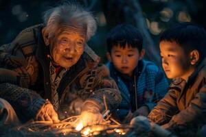 An elderly man and two children are sitting around a campfire photo