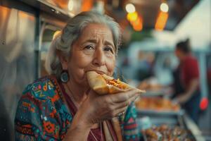 An older woman eating a hot dog photo