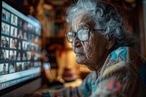 An older woman is looking at a computer screen photo