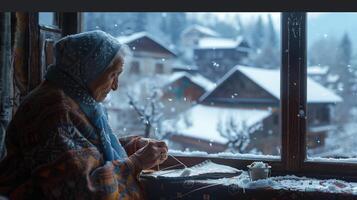 An elderly woman sits by the window in the snow photo