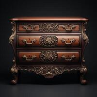 An antique chest of drawers with ornate carvings photo