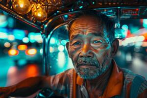 An old man driving a tuk tuk in the city at night photo