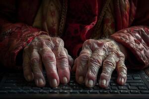 An elderly woman's hands on a keyboard photo