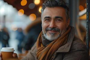 A man with a beard and scarf is smiling while holding a coffee cup photo
