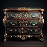 An ornate chest of drawers with gold detailing photo