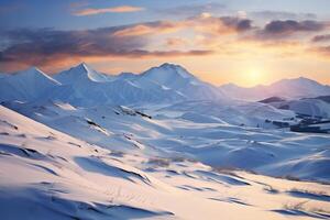 A snowy mountain landscape with the sun setting over it photo