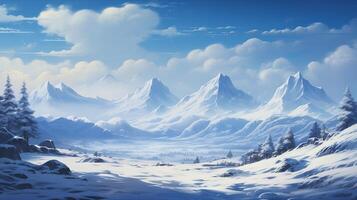 A snowy mountain landscape with trees and snow photo