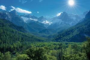 A view of a mountain range with a sun shining through the clouds photo