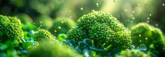 A close up of green broccoli plants with water droplets photo