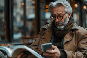 An older man with glasses and a scarf is reading a book photo