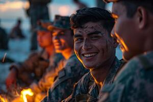 A group of soldiers sitting around a campfire photo