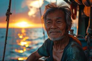 An old man sitting on a boat at sunset photo