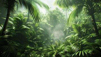 A tropical jungle scene with lots of green plants photo