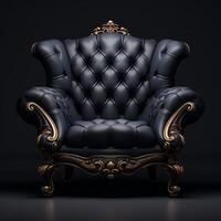 An old black leather chair with gold trim photo