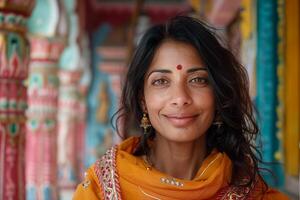 A woman in an indian sari smiling photo