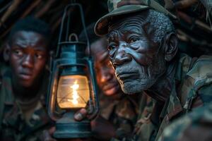An old man in military uniform holding a lantern photo