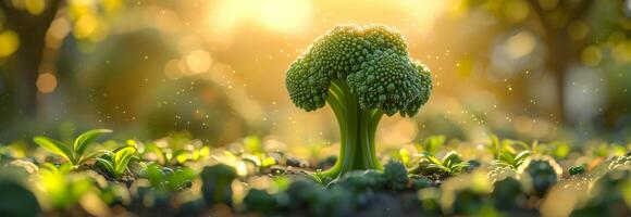 A broccoli plant is growing in the grass photo