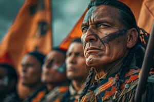 A man with a native american headdress and a group of men photo