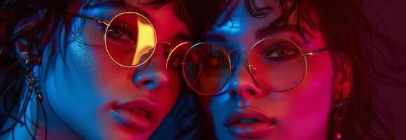 Two women wearing glasses and a red and blue light photo