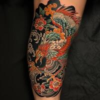 A tattoo of an oriental bird on the leg photo