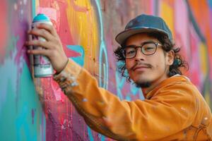 A man wearing glasses and a hat is painting a wall photo