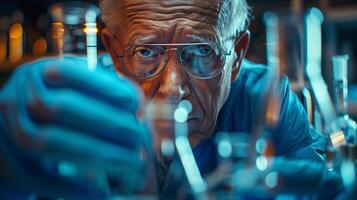 An older man in a lab coat is looking at a test tube photo