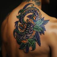 A man with a tattoo of a dragon on his back photo