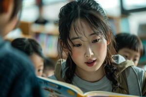 A young girl reading a book in a library photo