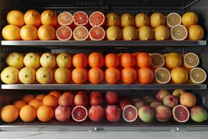A refrigerator with a lot of fruit on it photo