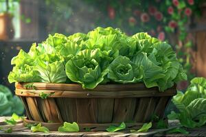 A basket full of lettuce is sitting on a table photo