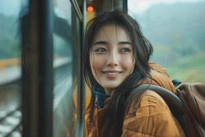 A woman is smiling while sitting on a train photo