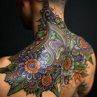 A man with a colorful tattoo on his back photo