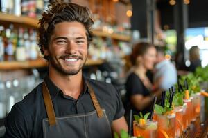 A man is smiling behind the bar with drinks photo