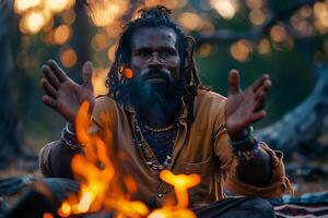 A man with dreadlocks sitting in front of a fire photo
