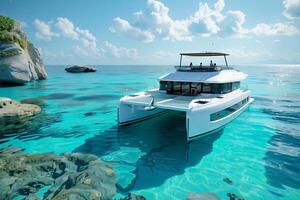 A white catamaran floating in the ocean photo