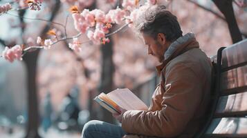 A man is sitting on a bench reading a book photo