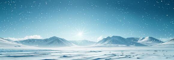 Winter landscape with snow covered mountains and sun photo