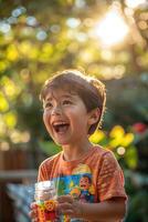 A boy holding a cup of water photo