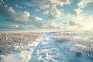Winter landscape with snow covered path and sky photo