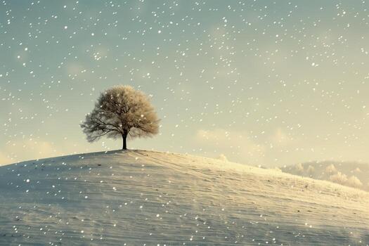 Winter landscape with lone tree on hill in snow photo