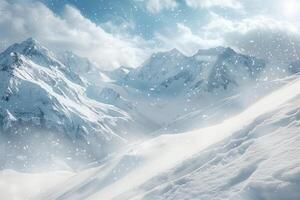 Snowy mountains with snow covered peaks and clouds photo