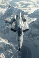 A fighter jet flying over a mountain range photo