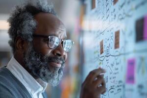A man with glasses and beard writing on a whiteboard photo