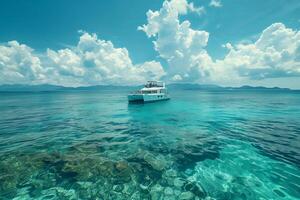 A boat is floating in the ocean with a mountain in the background photo