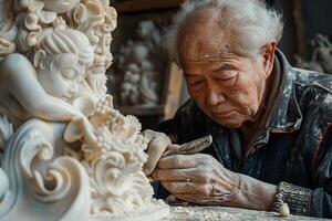An old man is working on a sculpture photo