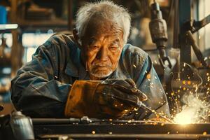 An old man working on a machine in a factory photo