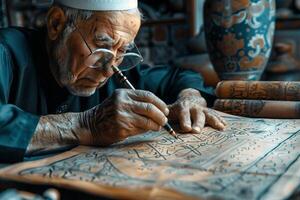 An old man is drawing on a piece of paper photo