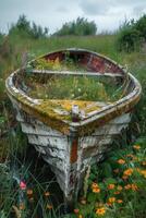 An old boat sits in the middle of a field photo