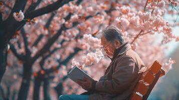An elderly man sitting on a bench reading a book photo