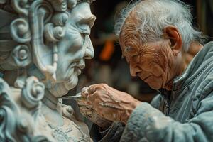 An old man is working on a statue photo